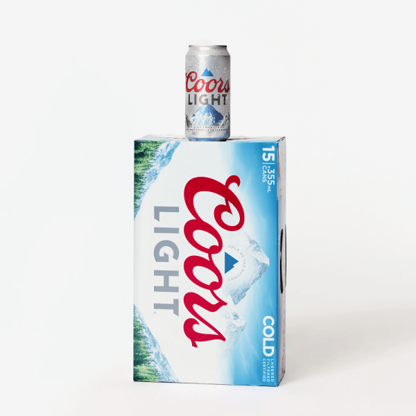 A can of Coors Light beer resting on top of a Coors Light beer case against a white background.